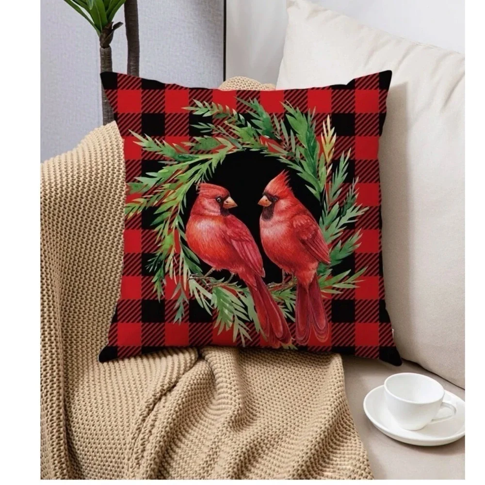 Pillow Cover Bird Cardinal Christmas Holiday Buffalo Check Plaid Square 17.5 in